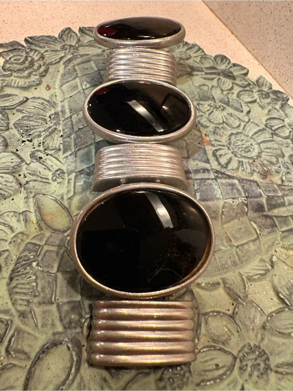 Massive Ben Amun Silver Onyx Black Stone Station Statement Cuff Bracelet